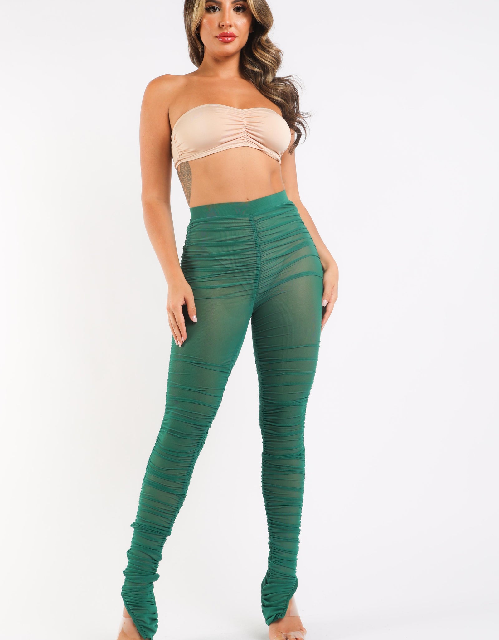 Casual Ruched Mesh Elastic Waist Sexy Leggings Slit Hem KELLY GREEN